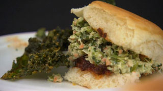 “Guinea Hog” Pulled Pork Sandwich with Kale Slaw Topping