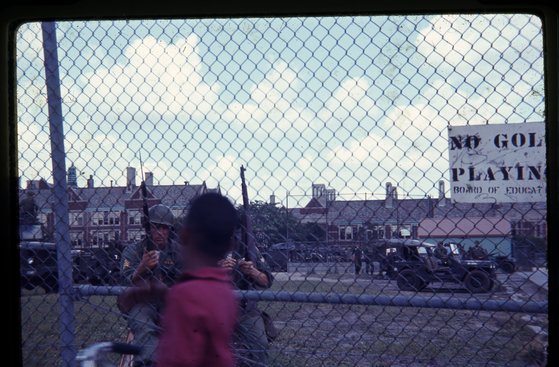 The Michigan National Guard staged on the fields surrounding Detroit Central High School during the 1967 uprising 08 Central High School Army DHS.jpg