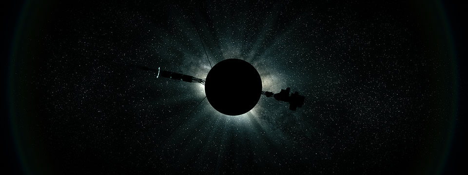 this is a caption silhouette of Voyager with galaxy of stars behind it