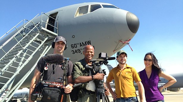 Audio Zack Allen, DP Keith Walker, and producers Joe Sousa and Emily Chou at Travis Air Force Base in California. Audio Zack Allen, DP Keith Walker, and producers Joe Sousa and Emily Chou at Travis Air Force Base in California.
