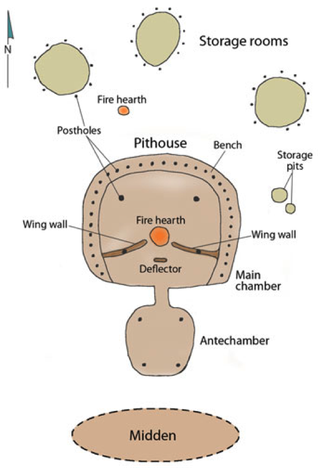 Map of Basketmaker III farmstead (schematic); Illustration by Joyce Heuman Kramer © Crow Canyon Archaeological Center basketmaker_farmstead.png