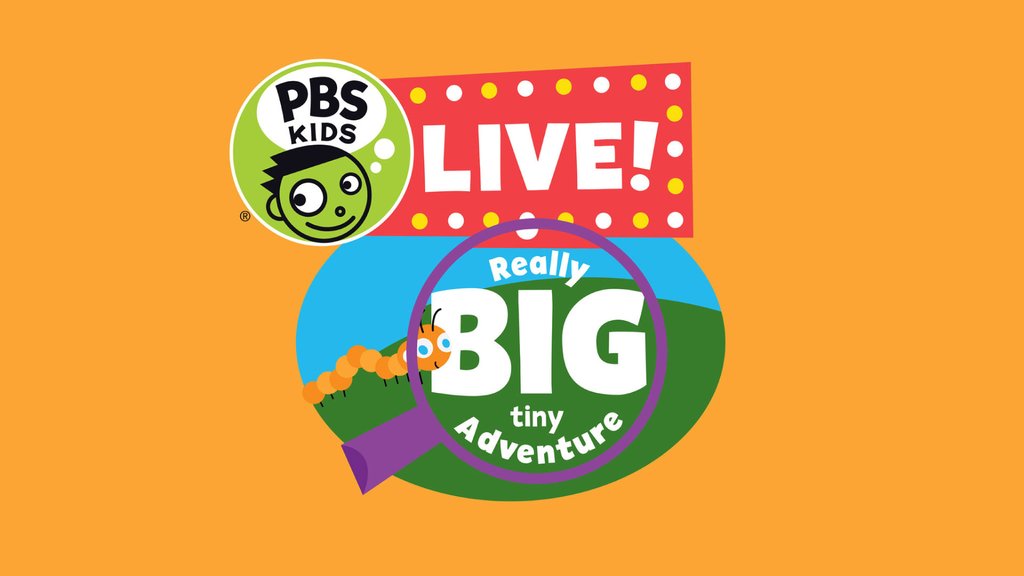 The PBS Kids Live logo The PBS Kids Live logo featured on an oragnce background. The logo features a magnifying glass with a caterpillar with accompanying text that says "Really big tiny adventure."